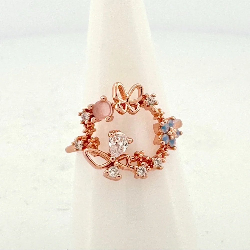 Butterfly & Flower Circle CZ Rose Gold Adjustable Band Ring